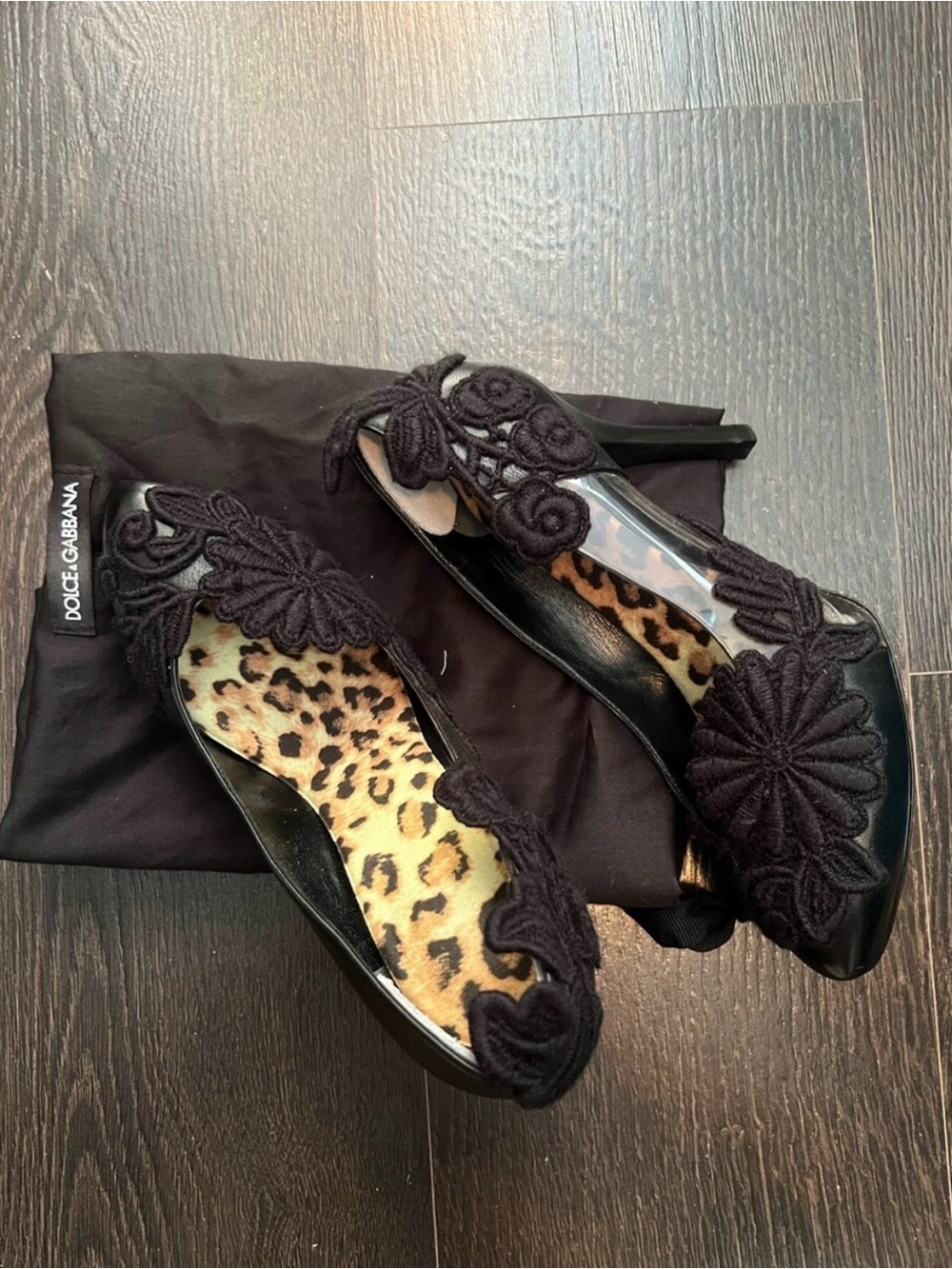 Dolce & Gabbana Black Floral Appliqué Leopard-Inside Heels